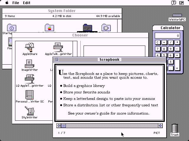 Mac OS System 7 Chooser, Calculator, and Scrapbook (1991)